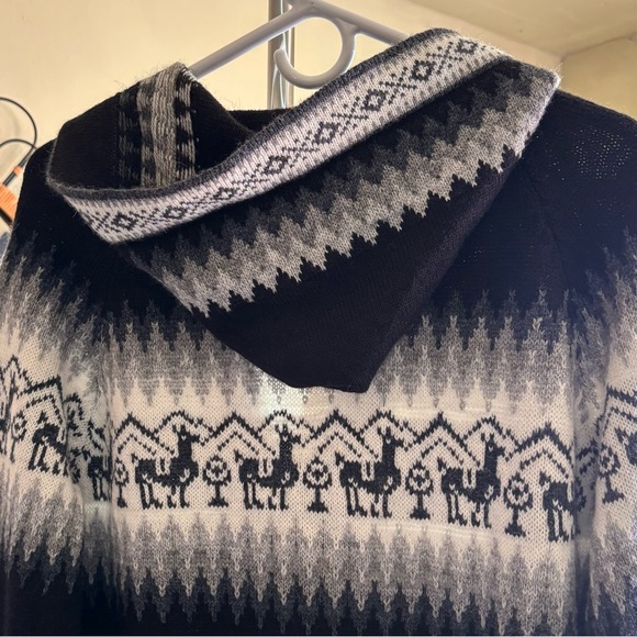 100% Alpaca Fair Isle Zip Front Hoodie Sweater Black White Gray Size M - Picture 6 of 14